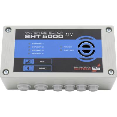 Water Leak Detector 'SHT 5000' with 24V connection. Four sensor LEDs, power and battery lights. Two buttons: 'Test' and 'Reset'.
