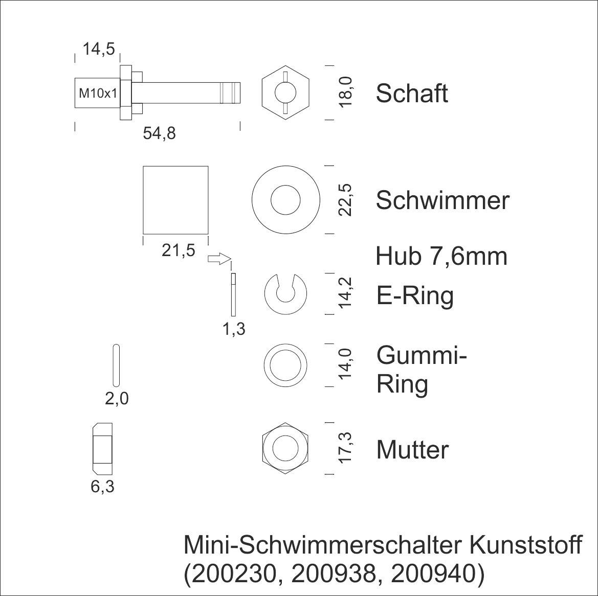 'Mini Plastic Float Switch', Component Representation: Shaft, Float, Stroke 7.6mm, E-Ring, Rubber Seal, Nut.