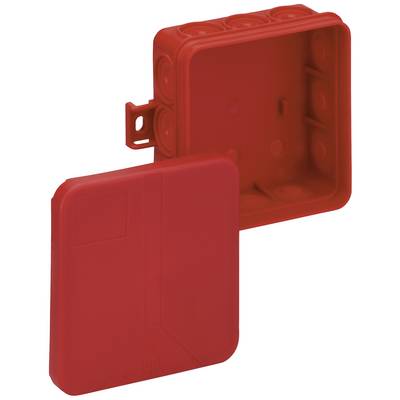 Red, square plastic box with removable lid, used for electrical installations.