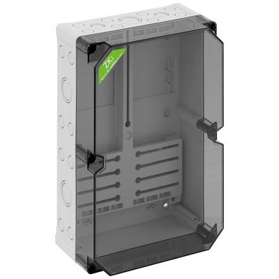 Transparent plastic box with side locks and green 'ZKI' label inside. Suitable for electrical installations.