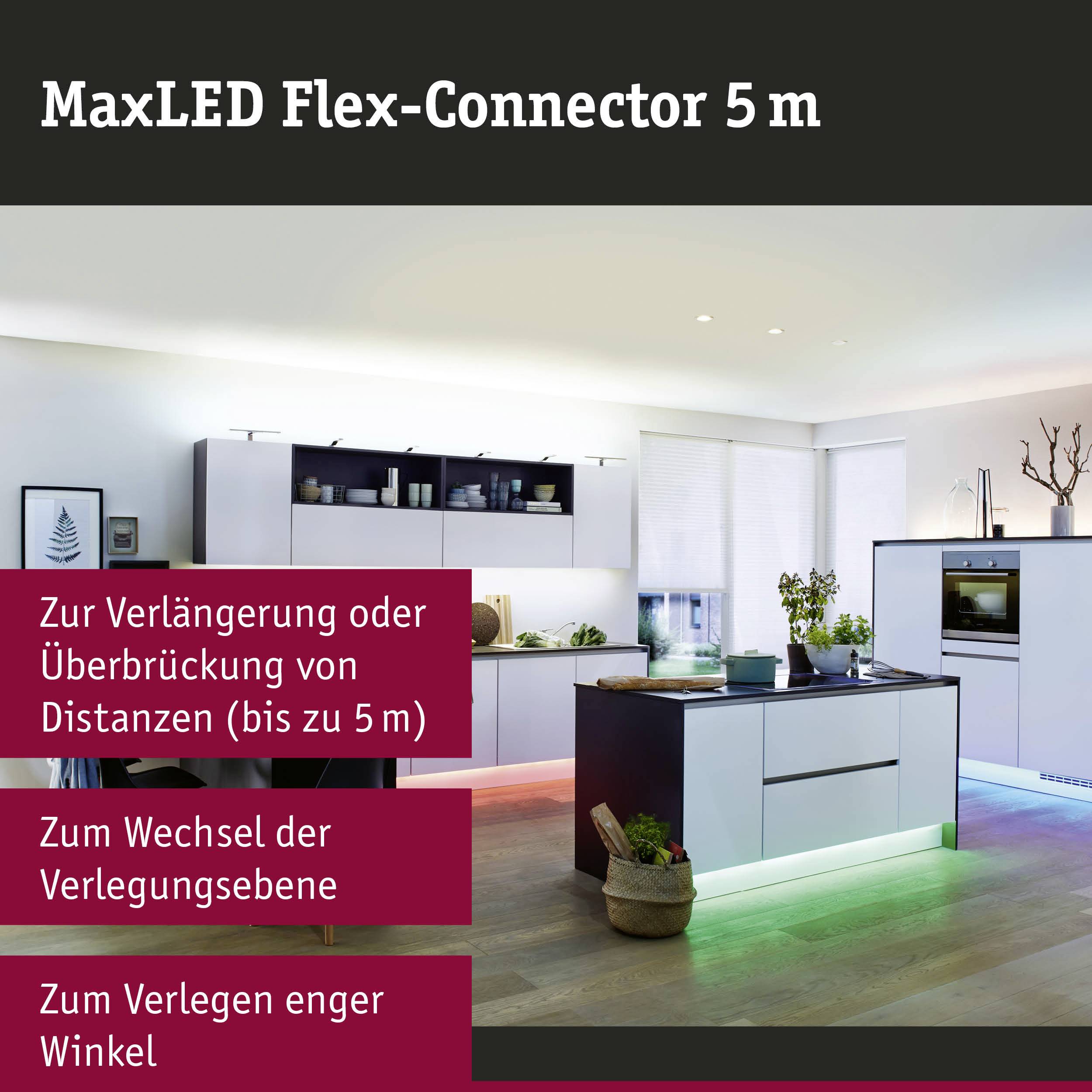 MaxLED Flex-Connector 5 m in a modern kitchen space. Characteristics: Bridging up to 5 m, interchangeable levels, tight angle routing.