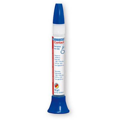 A blue bottle labelled 'Weicon Contact VA 1500', 12 grams. Contains information about temperature and viscosity range.