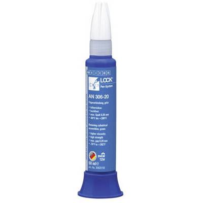 Bottle with blue label displaying details for the product 'Weicon Lock An 306-20'. Contains 50 ml and is designed for cylindrical fixings.