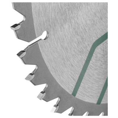 Close-up of a circular saw blade with sharp silver teeth and green accent lines on a white background.
