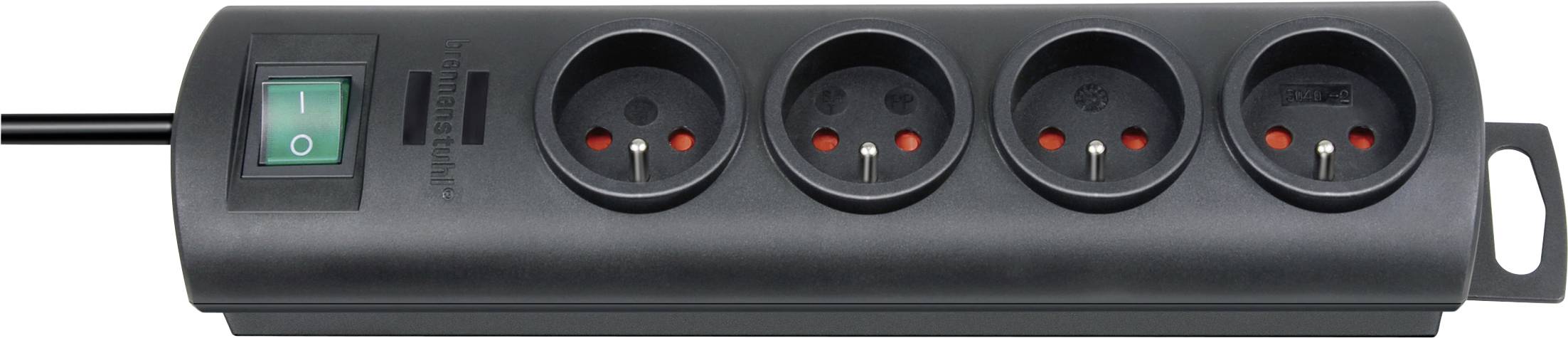 Four-outlet power strip with a green on/off switch and attached black cord.