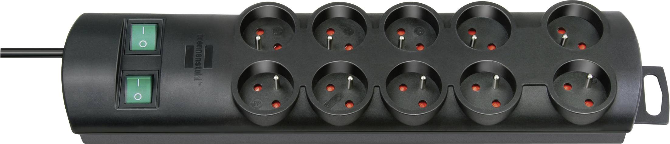 Power strip with 10 grounded outlets and two illuminated on/off switches, shown in black with a power cord attached.