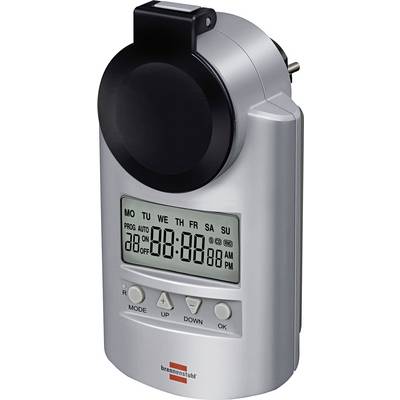 Digital wall timer with LCD display and four buttons for setting days, time, and on/off schedules.