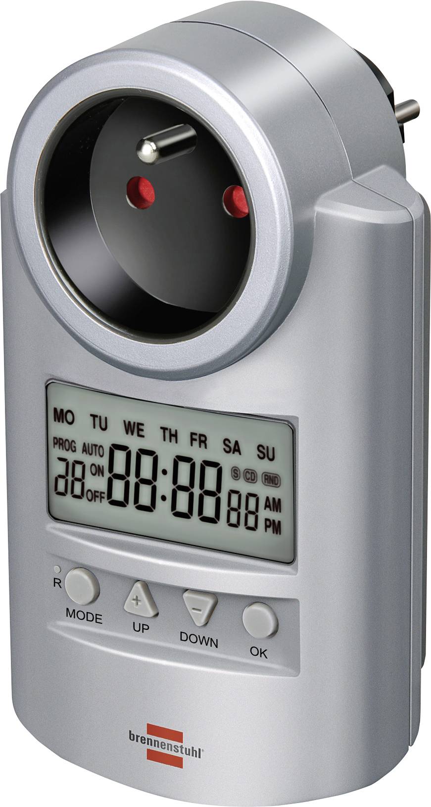 Digital plug-in timer with LCD display, mode/up/down/ok buttons, and a rotary socket, used to schedule electrical device on/off times.