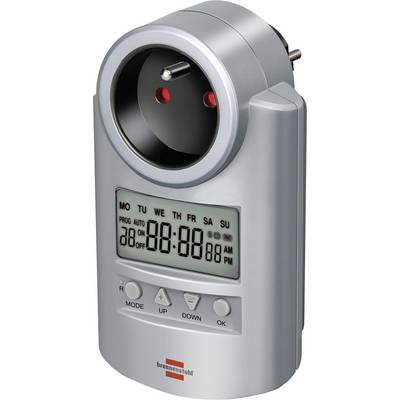 Digital plug-in timer switch with LCD display, mode and up/down/OK buttons, and a circular outlet socket on top.