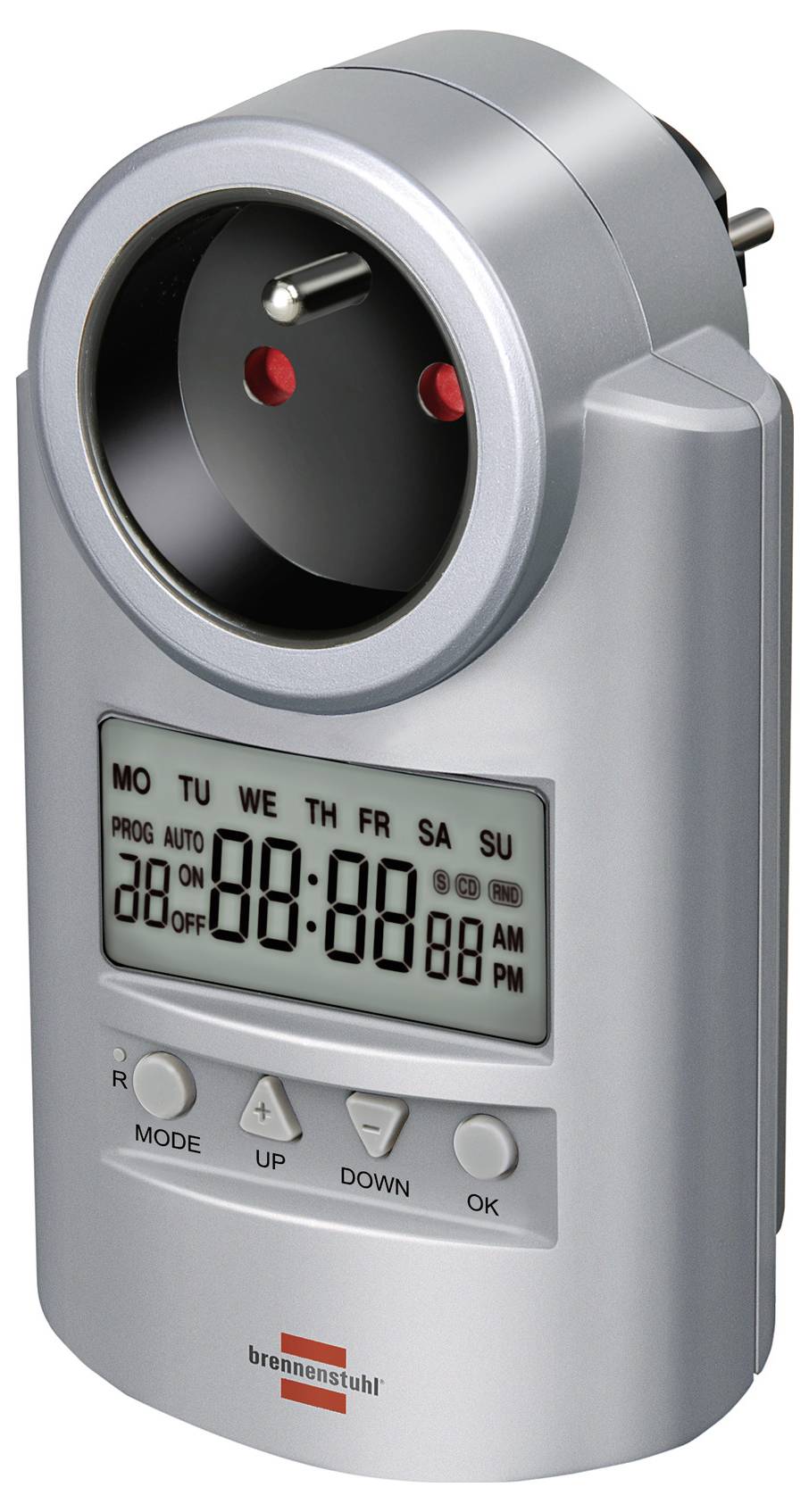Digital plug-in timer outlet adapter with LCD display, four control buttons, and two-prong socket for scheduling power use.