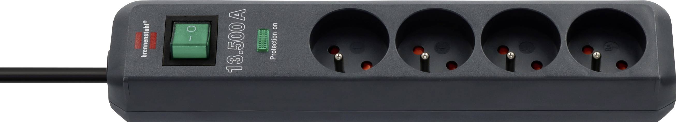 Black power strip with four European outlets, a green on/off switch, and a black power cord on the left.