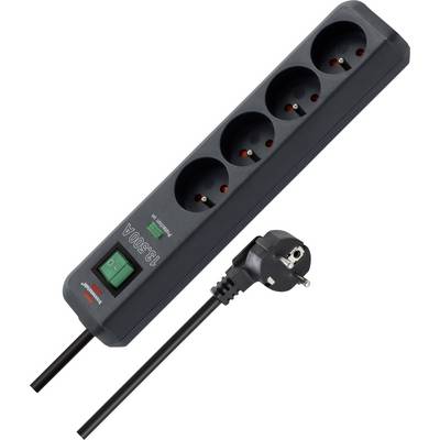 Black five-socket power strip with on/off switch and attached European plug.