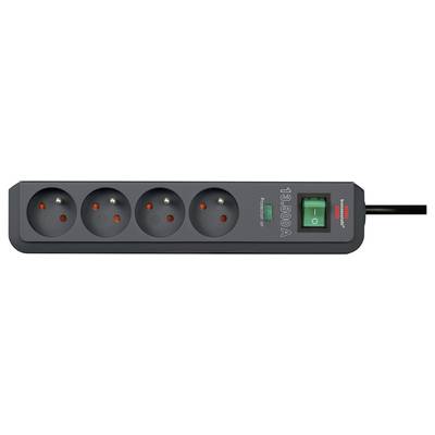 Black power strip with four Schuko outlets, a green on/off switch, and a 1.5m cable.