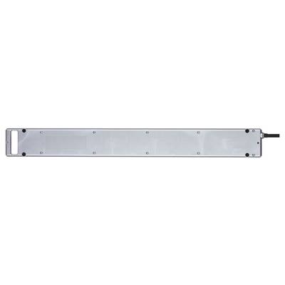 A silver metal rackmount device front panel with mounting ears, screws, and a short black cable connected on the right side.