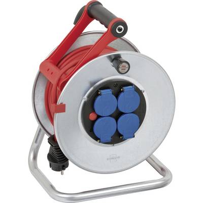 Portable cable reel with red handle, metal frame, and four blue electrical sockets on the front.