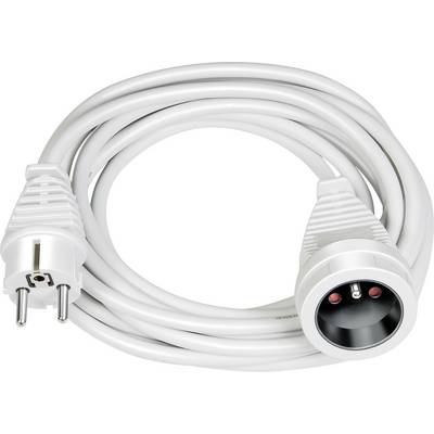 White power extension cord with European two-pin plug on one end and round socket outlet on the other, coiled on a white background