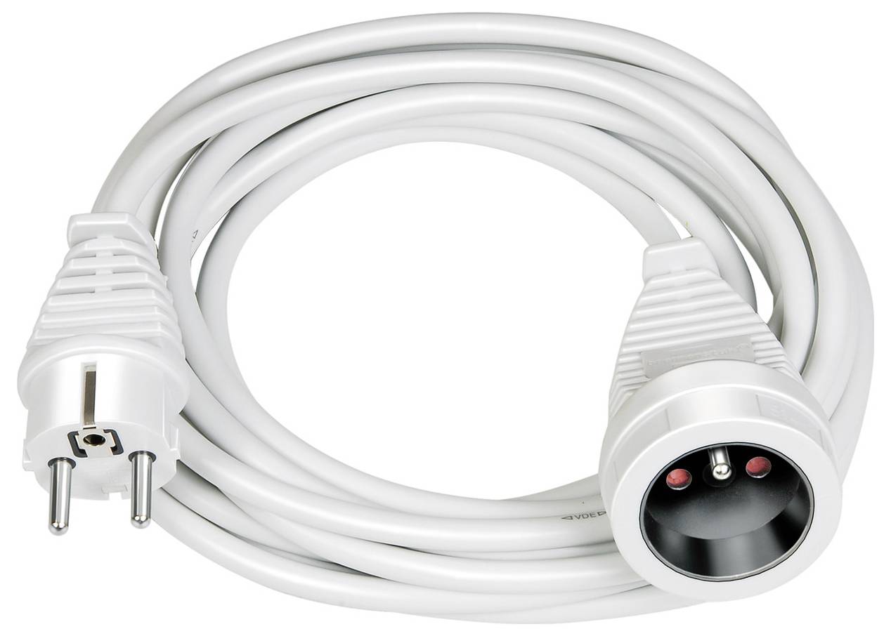 White power extension cord with European plug on one end and socket on the other, coiled on a white background.