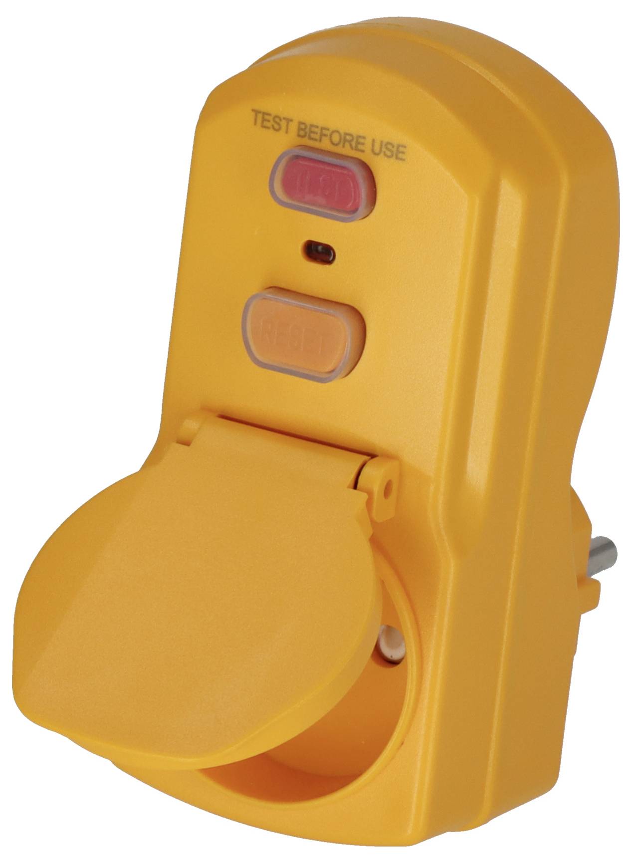 Orange electrical safety outlet tester with a hinged cover and 'TEST BEFORE USE' label above two buttons.