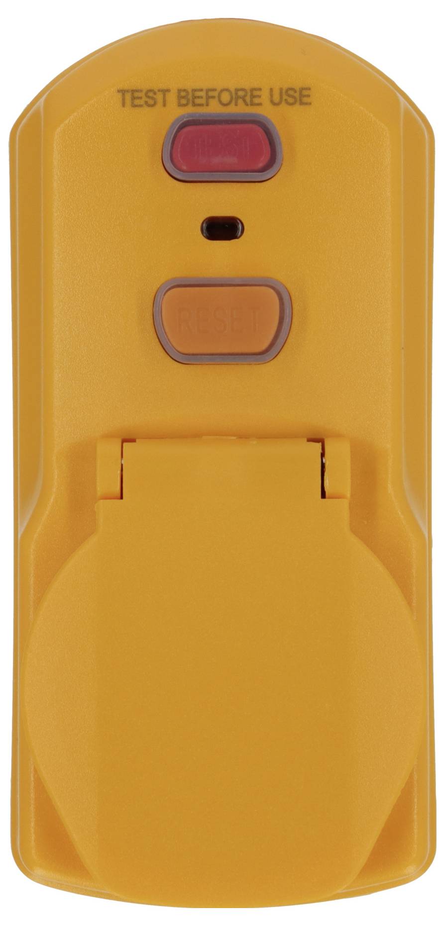 Orange handheld device with 'TEST BEFORE USE' label, red top button, and large lower cover, shown front view on white background.