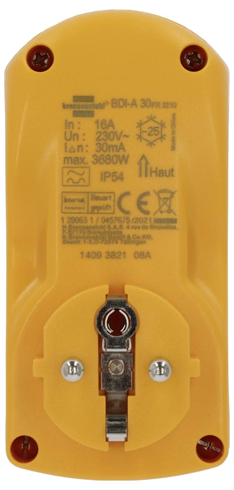 Orange electrical plug socket adapter with printed specifications and a central grounding contact; marked BDA-30R, 10A, 230V, 3680W, IP54.