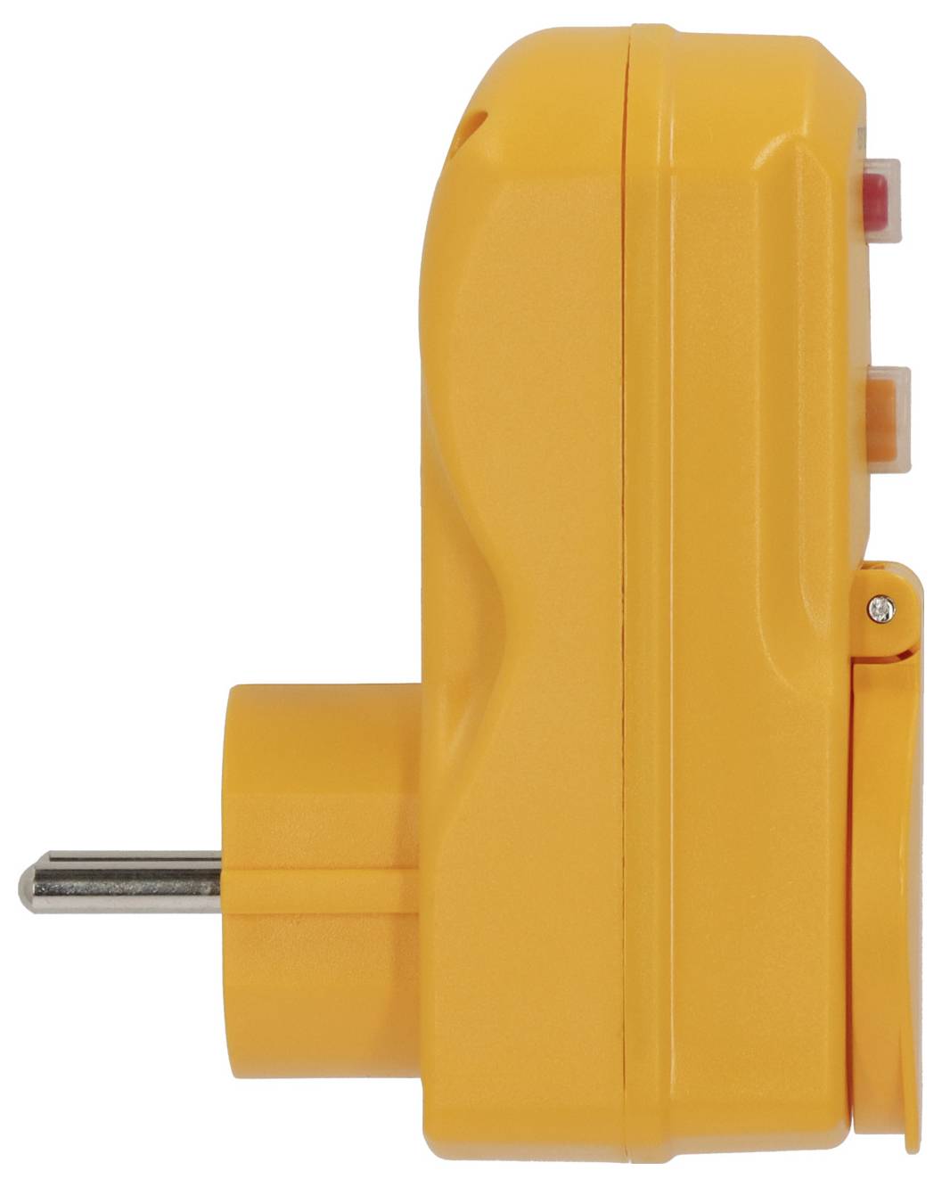 Orange plastic electrical device with a metal plug prong extending from the left side, shown in side view on a white background.