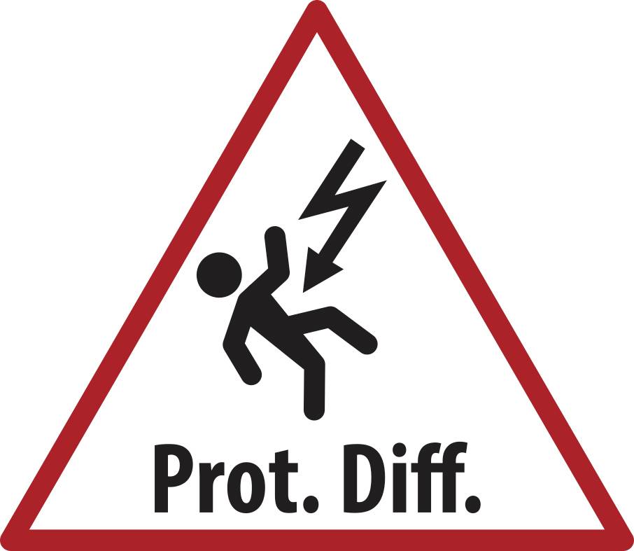 Warning sign with a person being struck by lightning and the text 'Prot. Diff.', indicating a protective differential electrical hazard.
