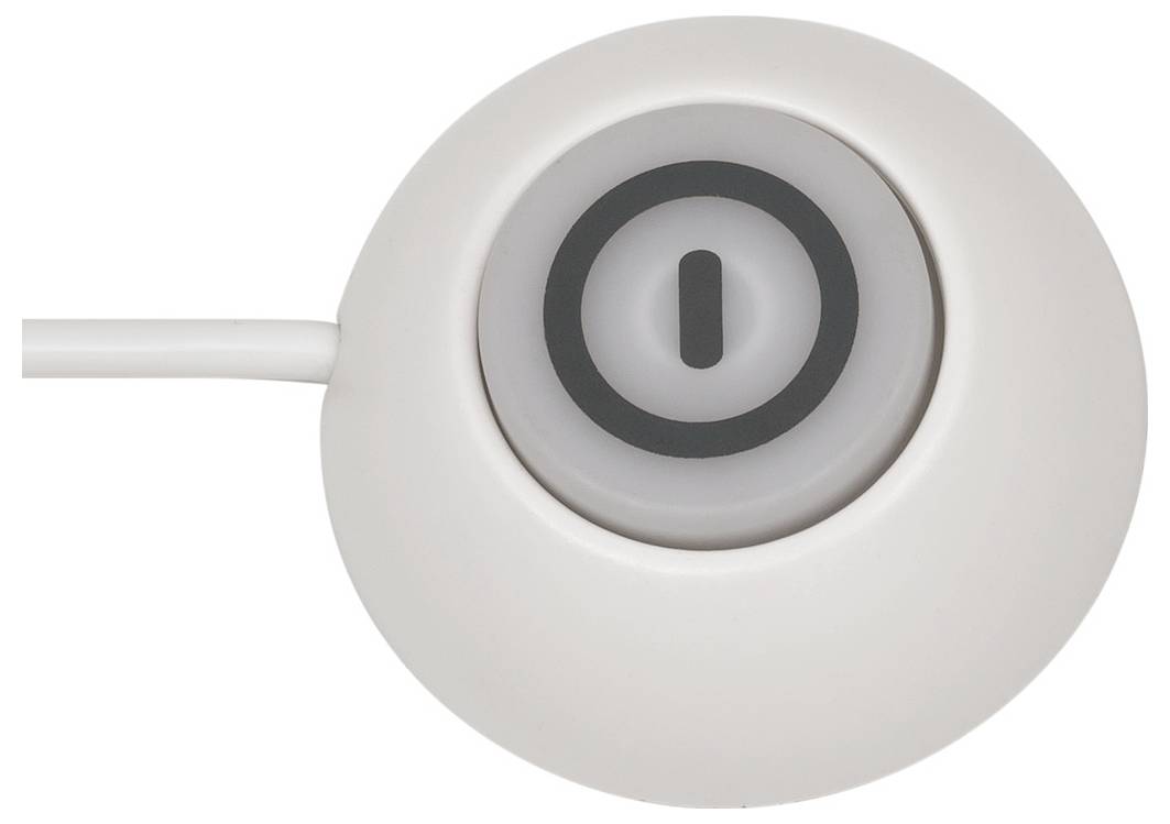 Close-up of a white circular power button or switch with a cable extending from the left<br>