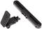 A black plastic mounting bracket consisting of an elongated main body and a separate removable plate with screw fixing.