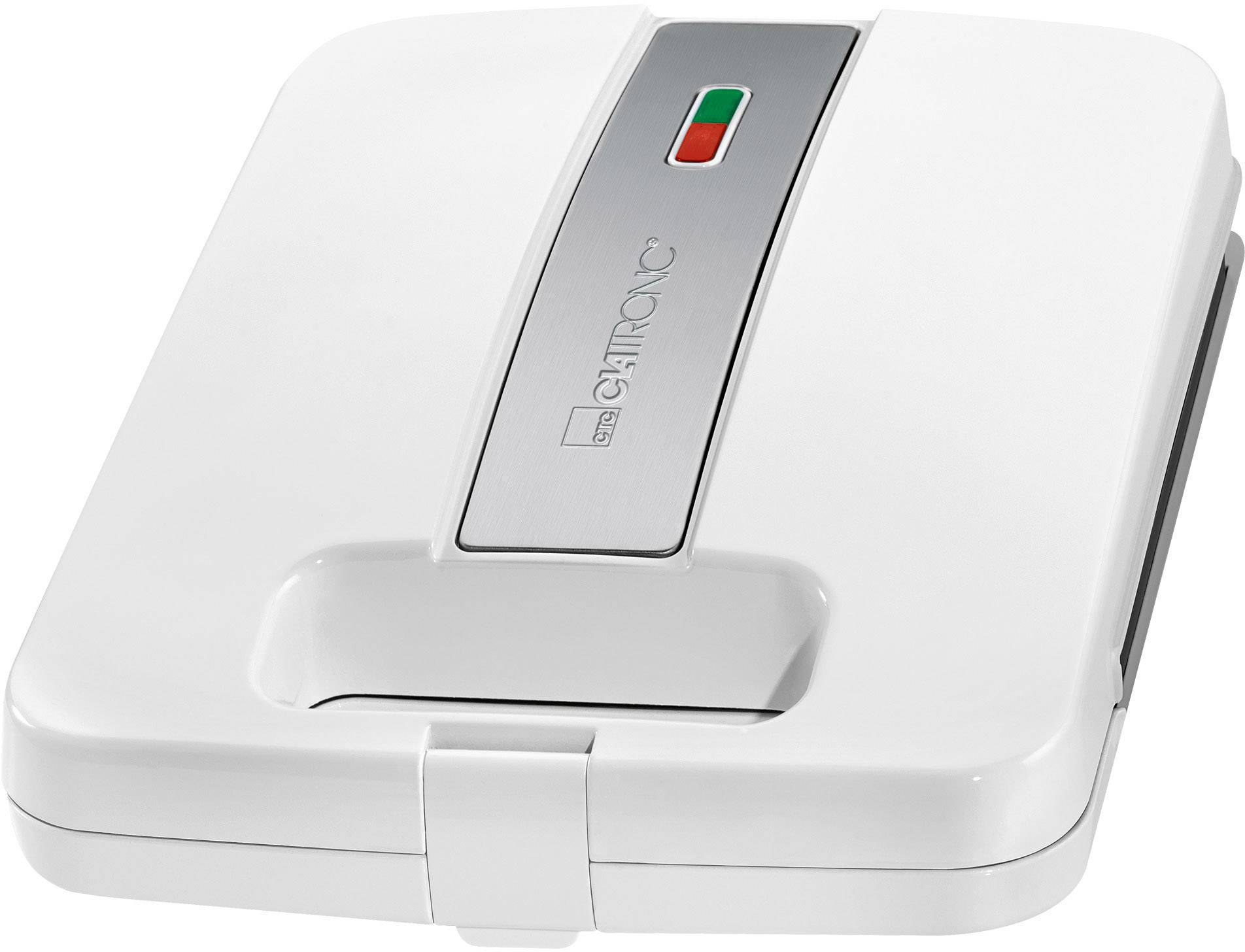 A white waffle maker with a silver trim and two indicator lights, one red and one green.