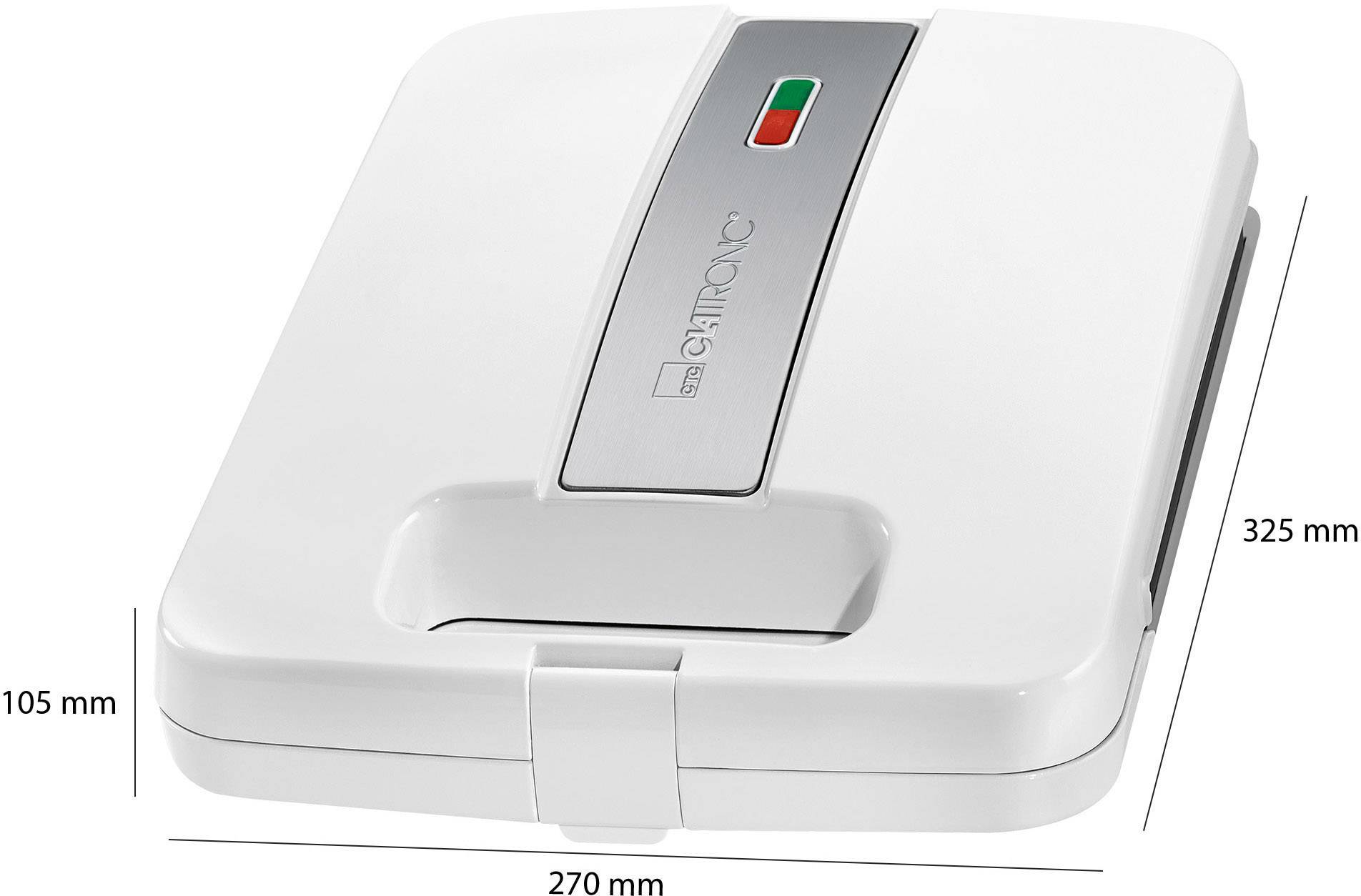 A white waffle maker with a grey stripe, red and green indicator lights. Dimensions: 270 mm width, 325 mm length, 105 mm height.
