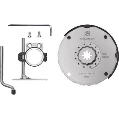 'Saw blade with mounting bracket and screws, suitable for table saws. Includes hex key for assembly.'