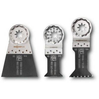 Three oscillating saw blades of different sizes and shapes, suitable for wood and metal processing, on a grey background.