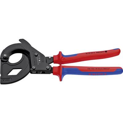 Black cable cutter with red and blue handles, suitable for cables up to 38 mm thick. Brand: Knipex.