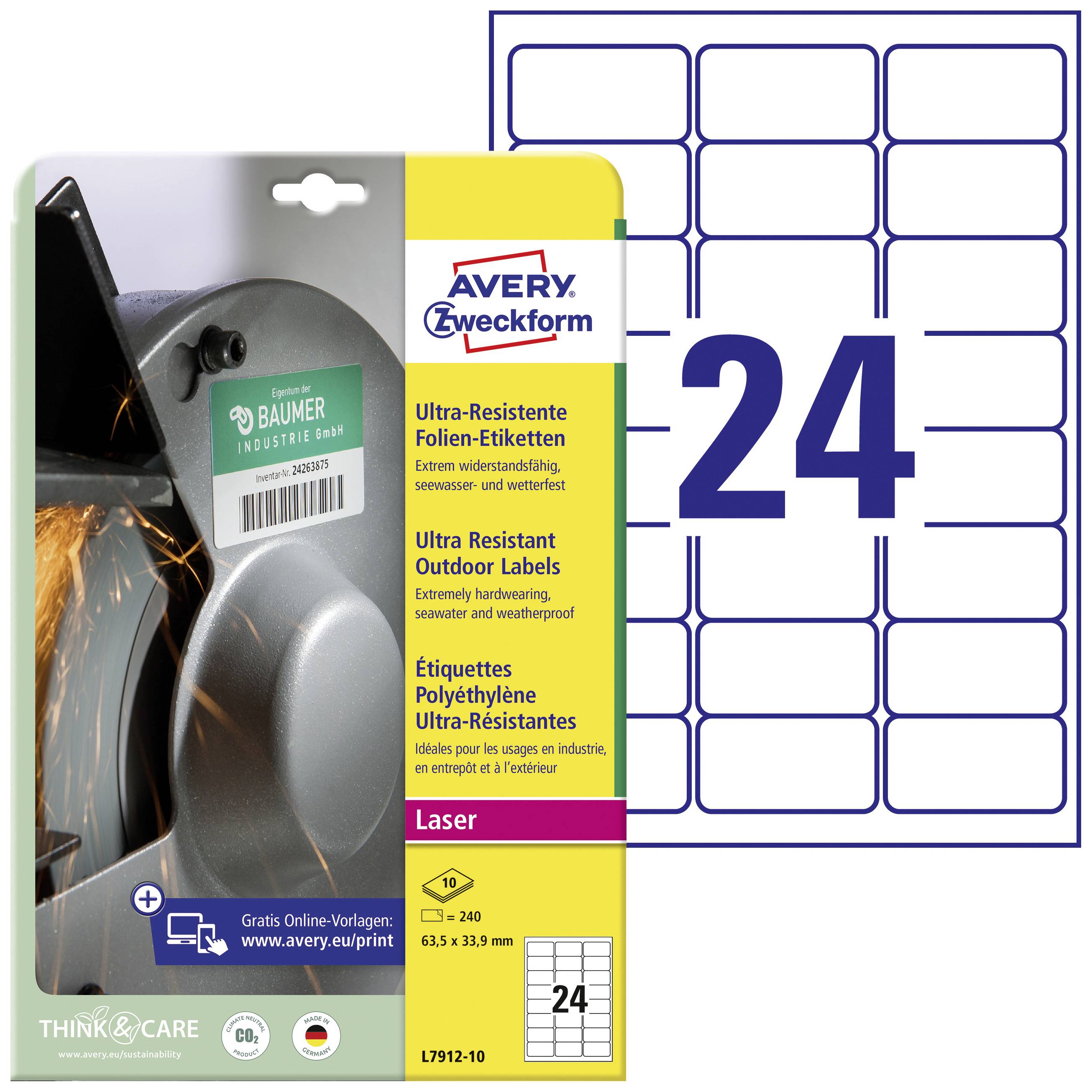 Avery-Zweckform L7912-10 63.5 x 33.9 mm PE film White 240 pc(s) Permanent adhesive Label film