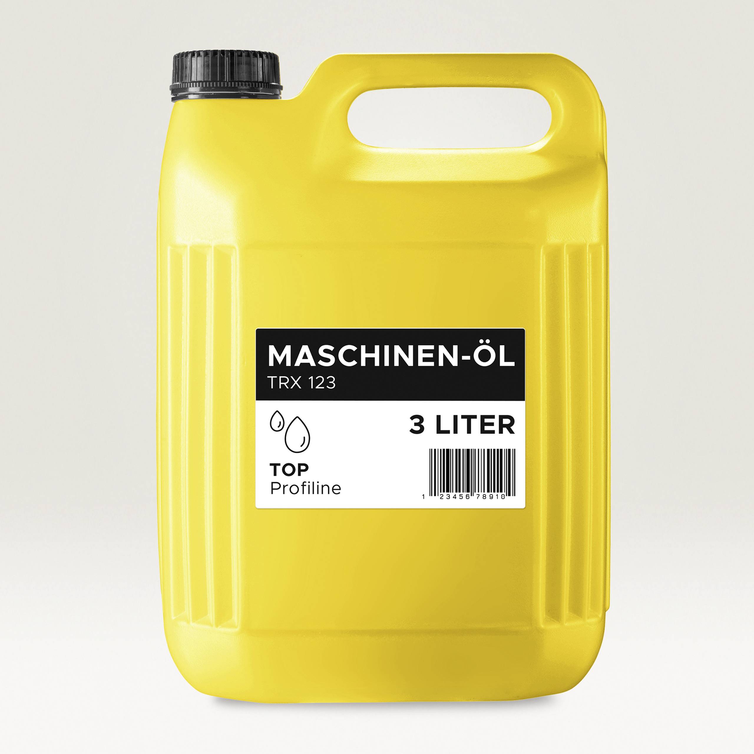 Yellow jerry can with black lid. Label: 'Machine Oil TRX 123', '3 Litres', 'Top Profline'.
