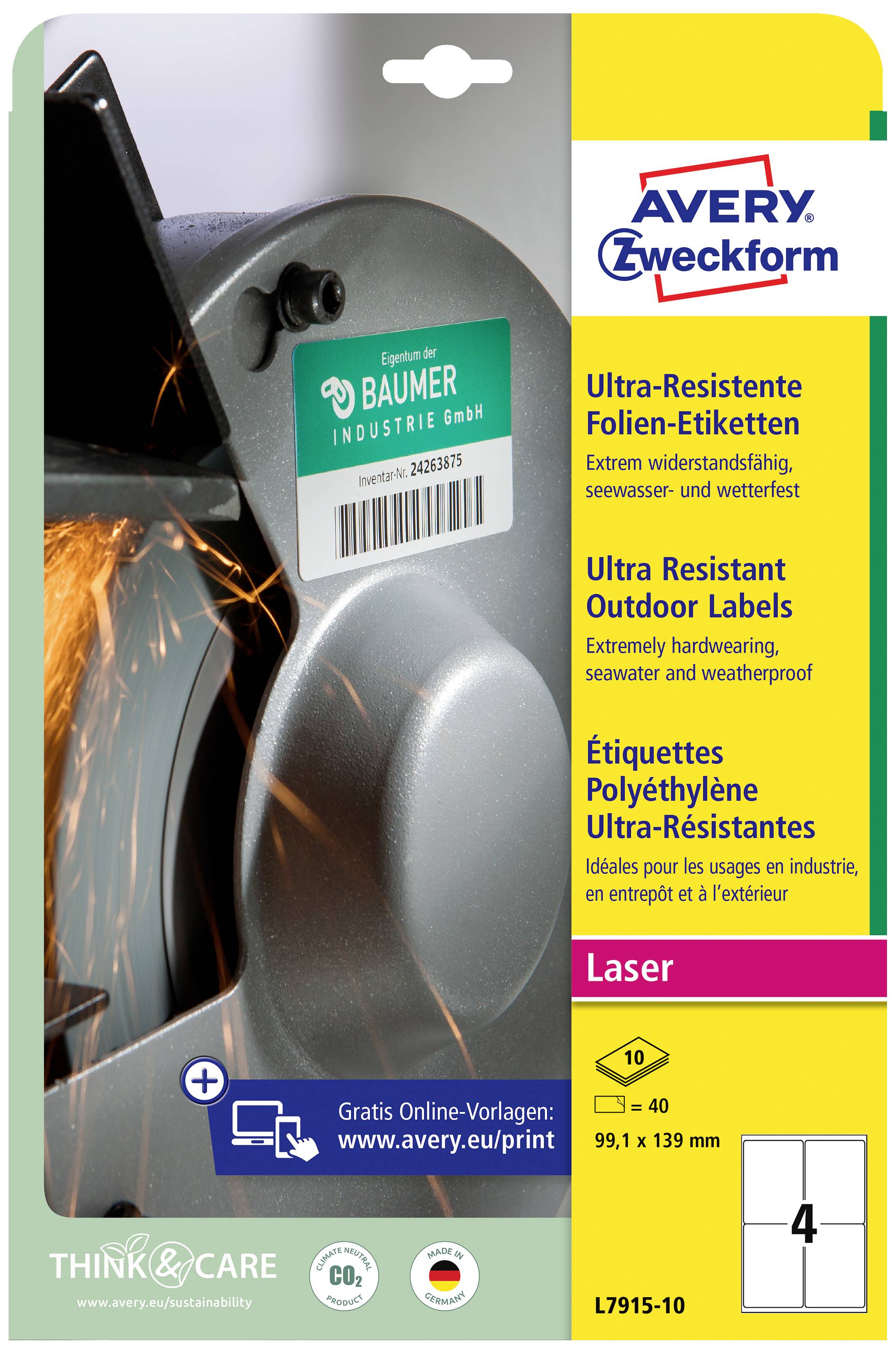 Avery Zweckform label packaging for ultra-resistant foil labels. Suitable for harsh environments, yellow-blue design.