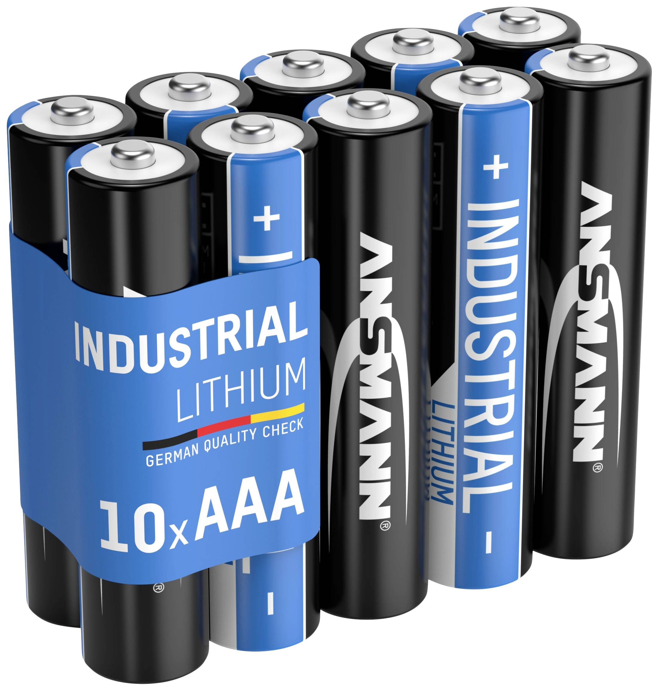 Ten black and blue AAA batteries by the brand 'Ansmann', labelled with 'Industrial Lithium' and 'German Quality Check'.