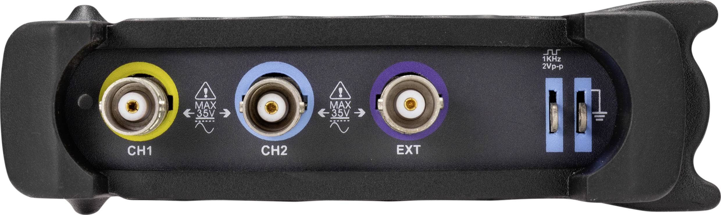 Back of a measuring device with three round connections, labelled as 'CH1', 'CH2' and 'EXT', with additional connections on the right.