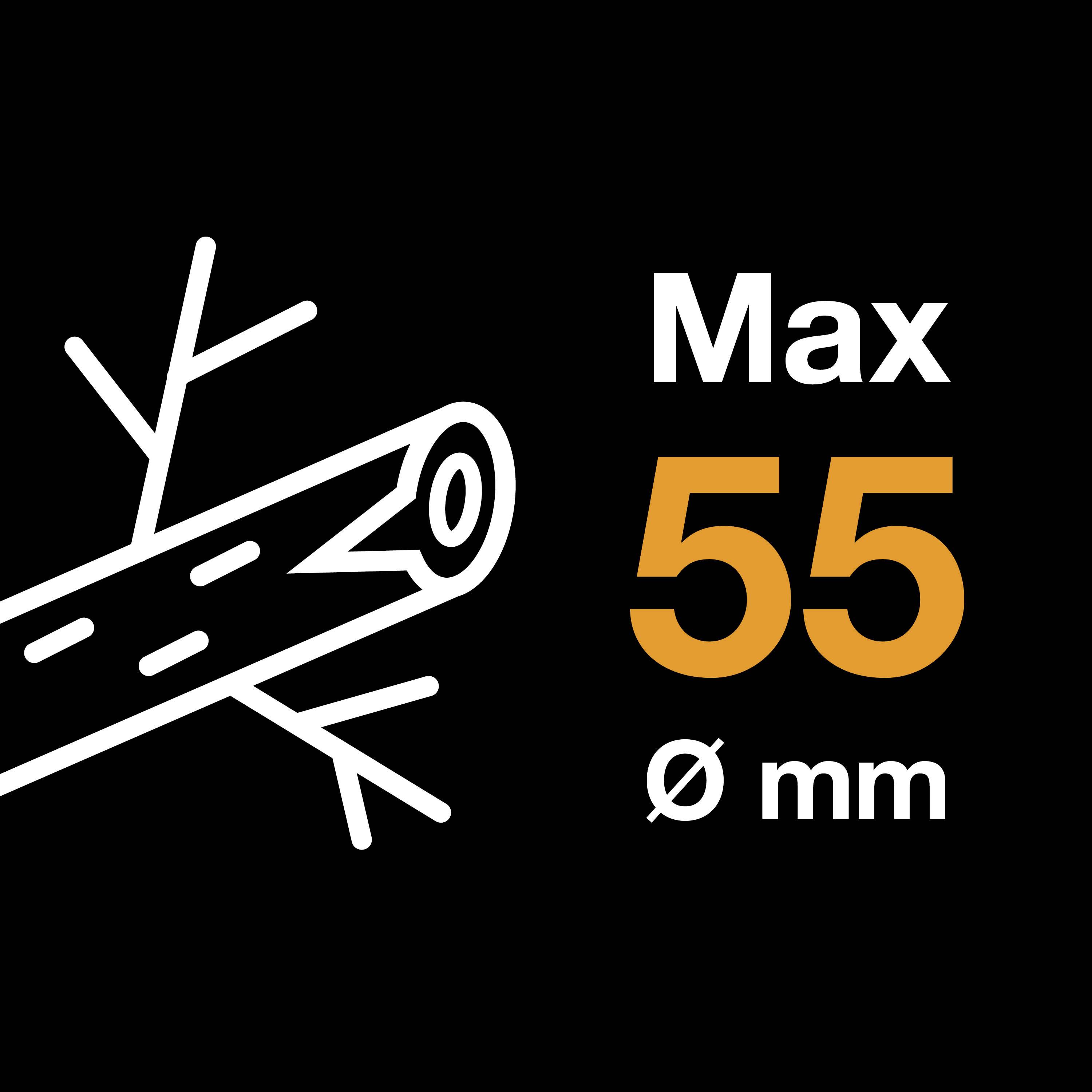 Illustration of a tree trunk with branches and text 'Max 55 Ø mm', indicating a maximum diameter of 55 mm