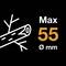 Illustration of a tree trunk with branches and text 'Max 55 Ø mm', indicating a maximum diameter of 55 mm
