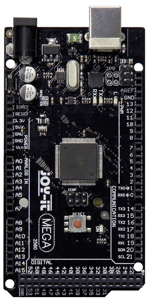 Arduino Mega 2560 microcontroller board featuring USB port, digital and analog input/output pins, and power connectors for electronics projects.