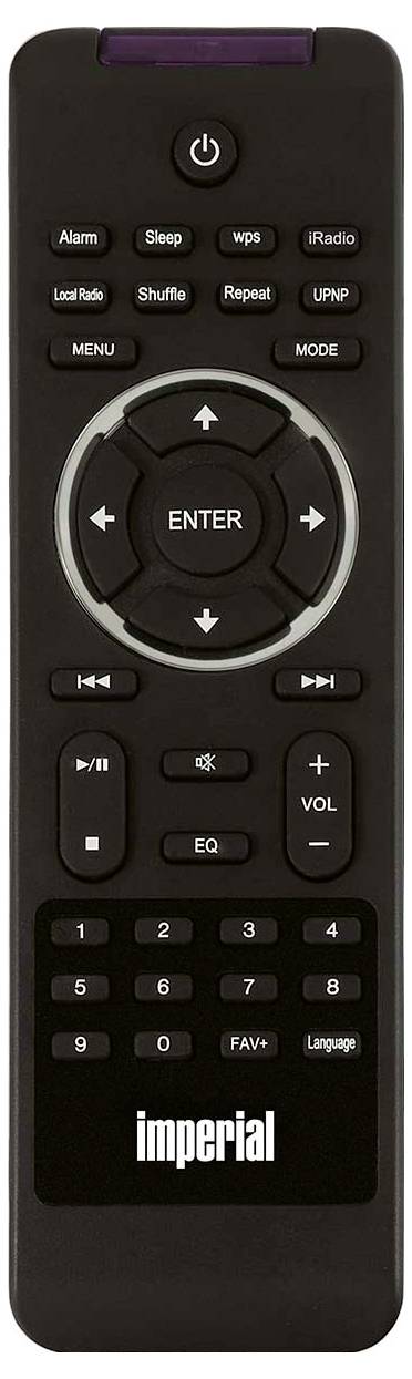 Black Imperial remote control with power, navigation pad, media controls, volume, numeric keypad, and labeled buttons for menu, mode, alarm, sleep, WPS, radio, and language.