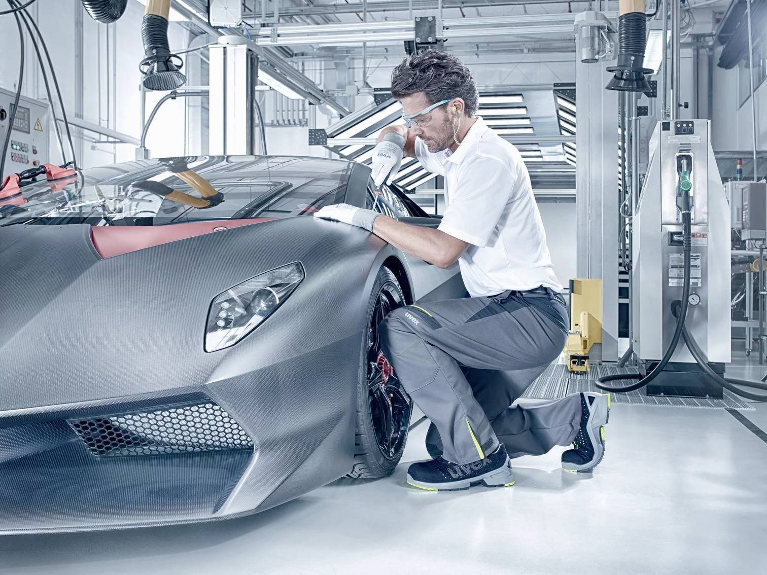A mechanic in protective clothing inspects a grey sports car wheel in a modern workshop with technical equipment.