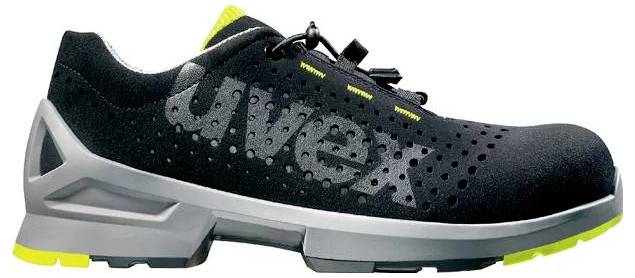 Black safety shoe with grey 'uvex' lettering and yellow details; robust design for workplace safety.