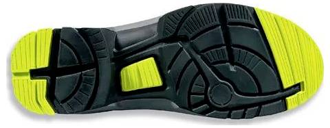 Shoes with a black sole and green-yellow accents. The contour reveals multiple non-slip patterns and distinctive profile shapes.