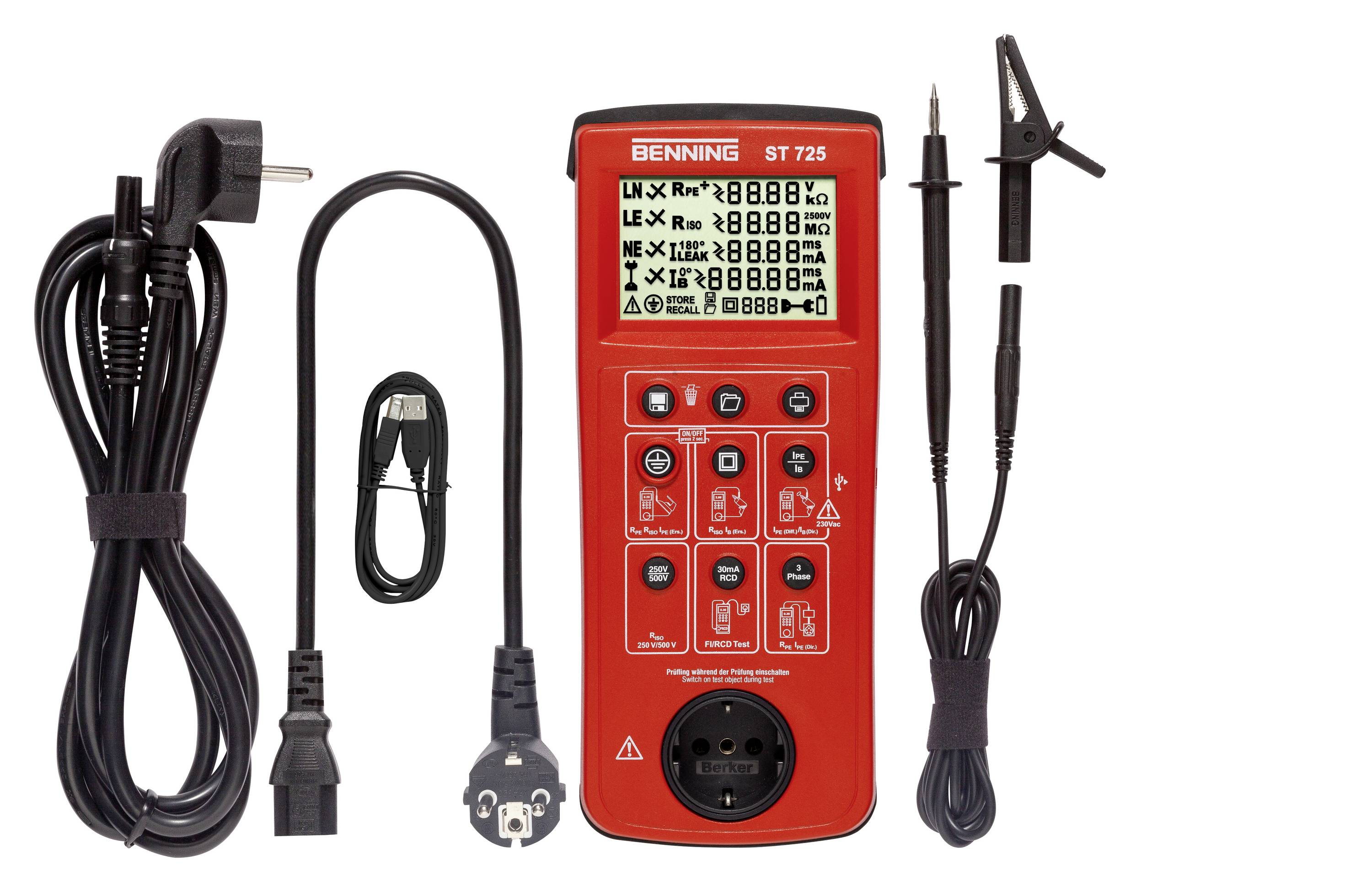 Red multimeter with display and buttons, two measuring leads with crocodile clips, power cable, USB cable, suitable for electrical measurements.