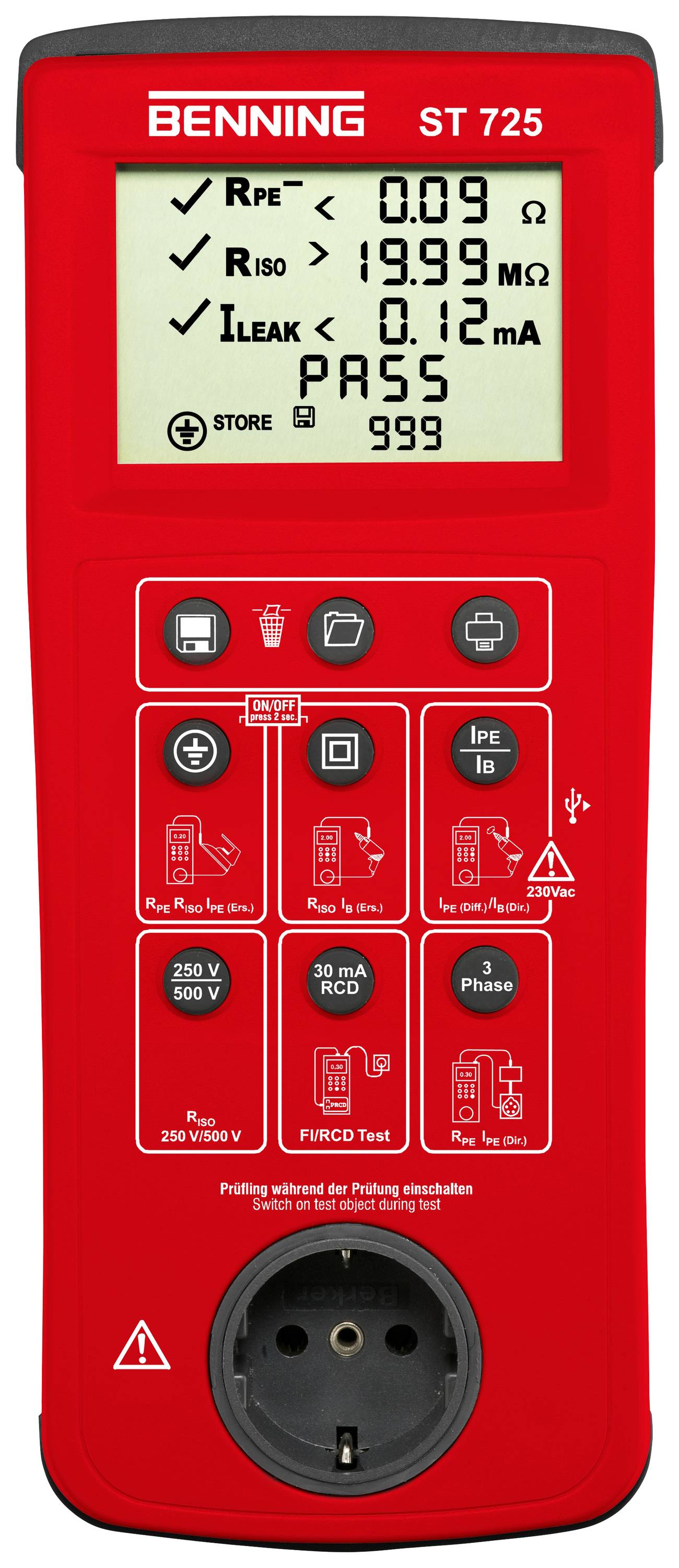 Red test device with display shows 'PASS' for various electrical tests. Symbols for functions such as insulation and earth loop tests are visible.