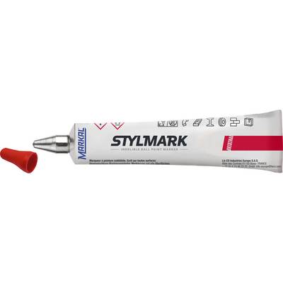 A white Markal marking pen called 'Stylmark' with a red cap, suitable for smooth surfaces.