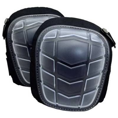 Two protective knee pads with hard, transparent plastic shells and black padding. Designed for safety in physical activities or work.