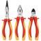 Three hand tools: long-nose pliers, combination pliers and side cutters with red and yellow handles, standing upright side by side.